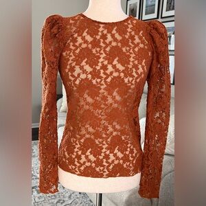 Notes du Nord Rubina Lace Blouse in Burnt Orange Puff Sleeve Size EUR 36